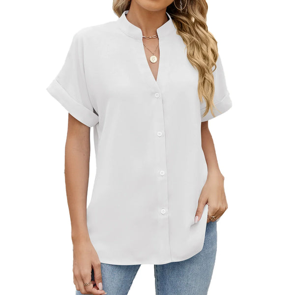 Emma Short-Sleeve Mandarin Collar Blouse