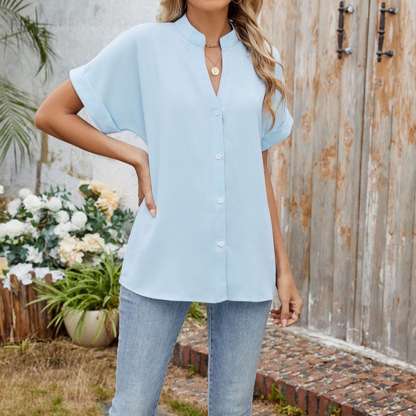 Emma Short-Sleeve Mandarin Collar Blouse
