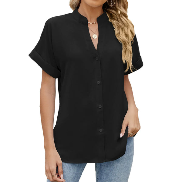 Emma Short-Sleeve Mandarin Collar Blouse